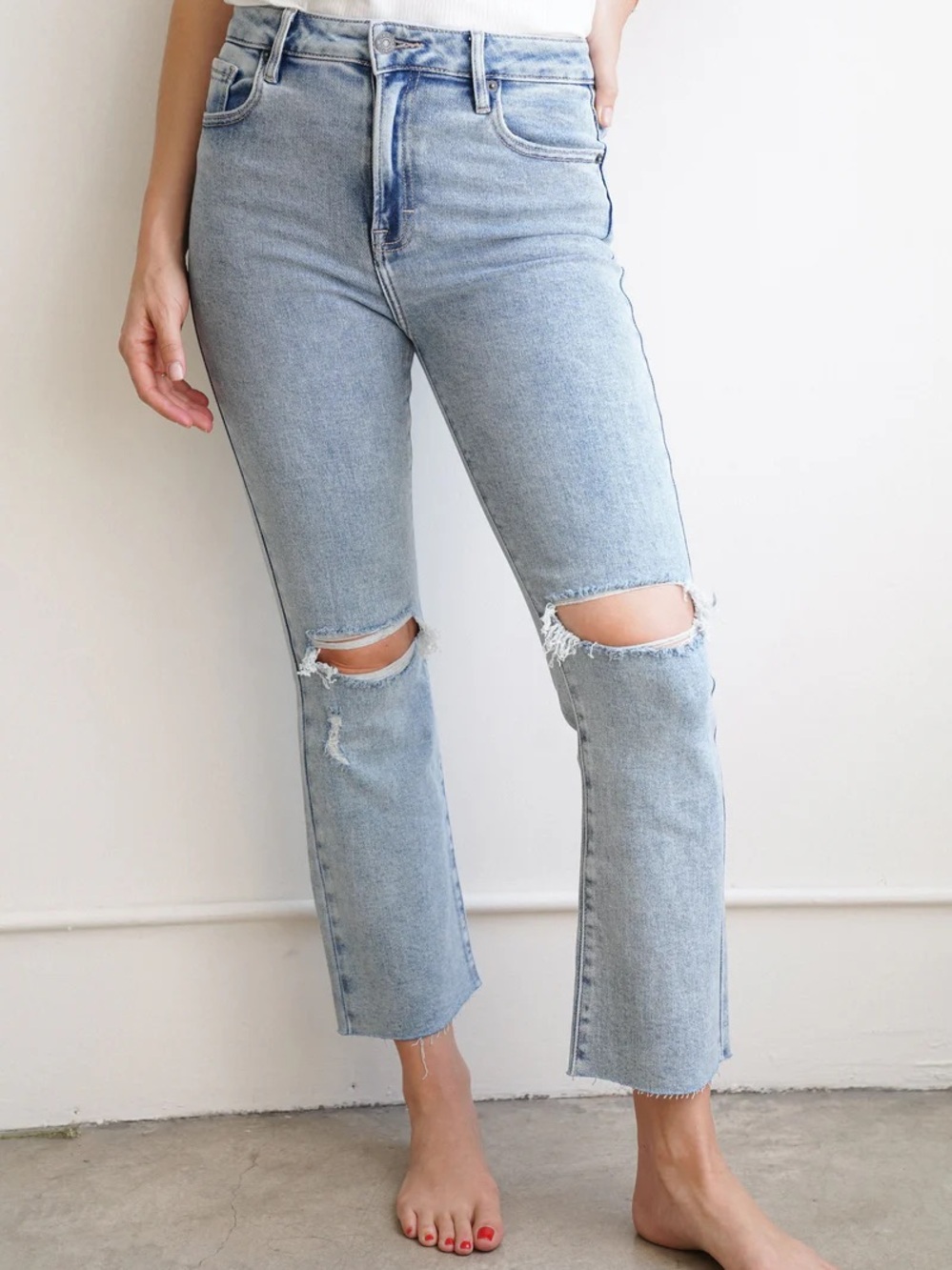 Carly Jean Los Angeles CJLA Kate lt raw hem distressed 5 light wash jeans